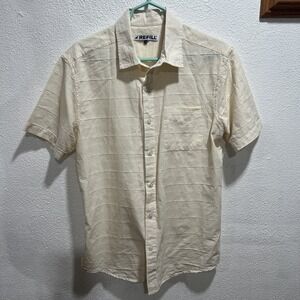 Refill  Men's Medium Cream Striped Short Sleeve Button Up Shirt Cotton